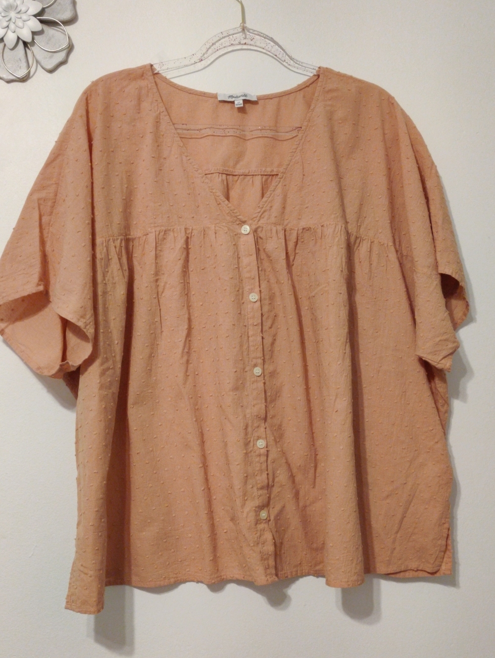Madewell Peach Button-Front Short Sleeve Blouse